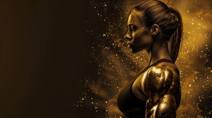 Gold glitter on bodybuilder woman body. Web banner female on the left, dark background