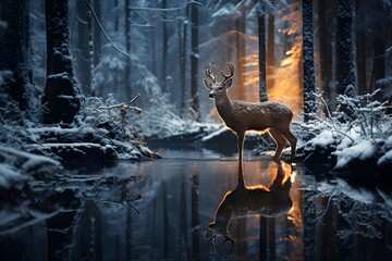Beautiful deer in the forest at night. Panoramic image.