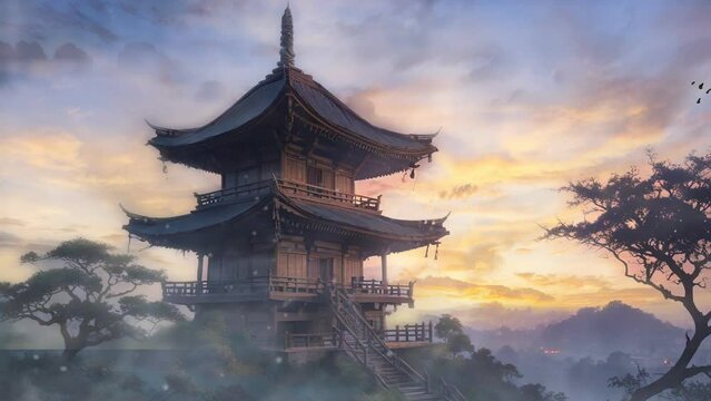 japanese temple in the sunset 4k looping video