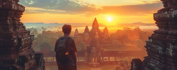 The golden sunrise surrounds a solitary backpacker at Angkor Wat, creating a majestic scene.