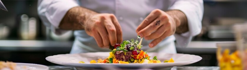 A chef carefully adding finishing touches to a plate of food