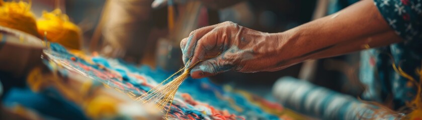 A close up of a person's hand weaving a colorful carpet. - obrazy, fototapety, plakaty
