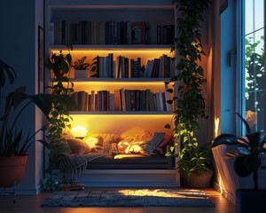 A cozy reading nook with a lot of plants and books.