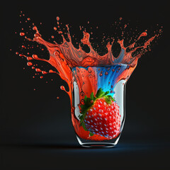 Illustration of Strawberry Juice in a Glass with Straw on a Black Background, Bright Red Color and Minimalist Composition