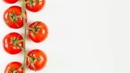 Multiple Fresh Red Tomatoes Arranged Randomly on a Plain White Background with Soft Natural Lighting, Showing Smooth Skins and Stems, Isolated Top View of Whole Ripe Tomatoes