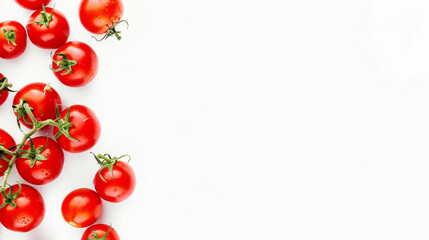 Multiple Fresh Red Tomatoes Arranged Randomly on a Plain White Background with Soft Natural Lighting, Showing Smooth Skins and Stems, Isolated Top View of Whole Ripe Tomatoes