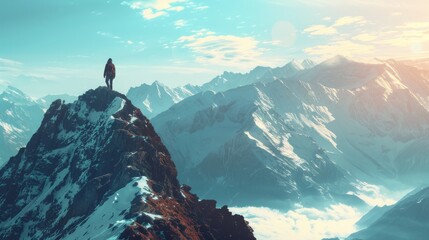 A person standing on a summit of a mountain looking at a beautiful landscape with snow capped mountains in the distance.
