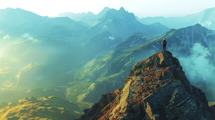 A person standing on a summit of a mountain overlooking a beautiful landscape with mountains in the distance.