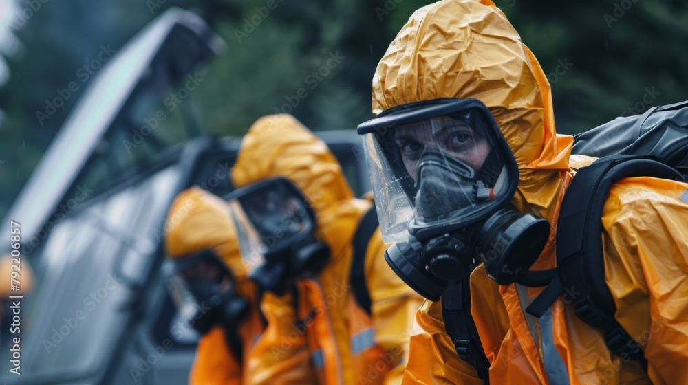 Aufkleber a team of bomb disposal experts practices identifying and neutralizing chemical devices in a control