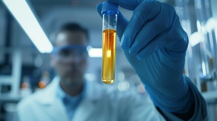 A scientist stands in a laboratory holding up a test tube containing a sample of thoroughly processed bioethanol a symbol of the scientific advancements involved in the transformation . - obrazy, fototapety, plakaty