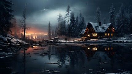 Winter night in the forest. The village is reflected in the water.