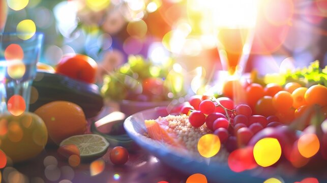 A dreamy blurred image of a table filled with colorful nutrientrich foods such as quinoa salmon and a rainbow of vegetables symbolizing the simplicity and beauty of a wholesome diet .
