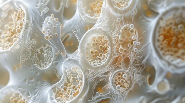 A magnified view of white cells their amoeboidlike shapes and tiny granules visible within their translucent cytoplasm.