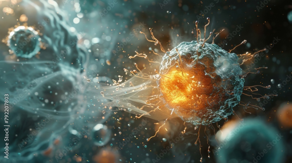 Poster a photograph of a tcell interacting with an cell injecting it with toxins to eliminate the virus. th
