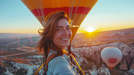 happy woman, flying in hot air balloon, during sunset in cappadocia. Image taken with a wide angle lens