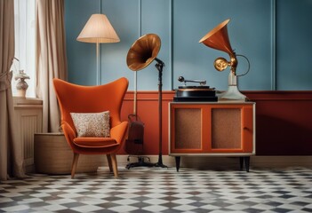 wall orange armchair background vinyl old wooden sideboard porcelain phonograph vintage tiled interior (gramophone) retro beige floor blue red Vintage records light - obrazy, fototapety, plakaty
