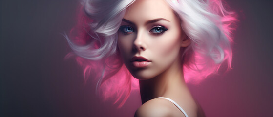 Portrait of a beautiful young woman with pink hair and white skin.