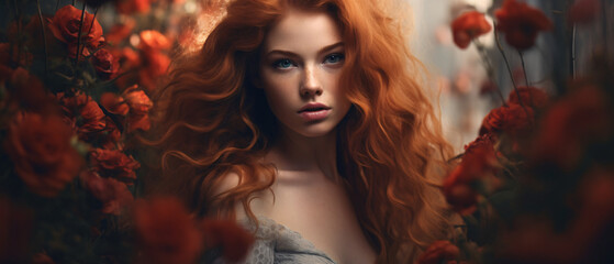 Portrait of a beautiful red-haired girl with long curly hair.