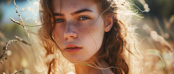 Close up portrait of a beautiful young woman with freckles on her face