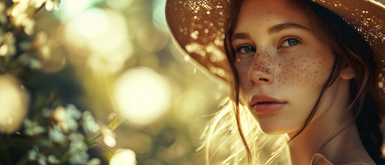 Portrait of a beautiful girl in a straw hat on a background of flowering trees.