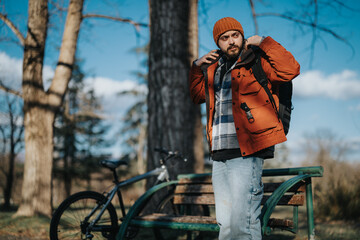 Outdoor portrait of a bearded man wearing a beanie and orange jacket, resting on a park bench near...