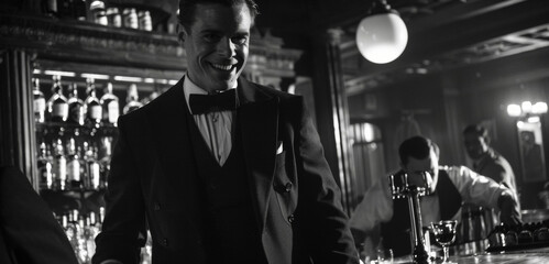 The bartender cant help but feel a chill down his spine as the grinning gambler strolls in his tailored suit giving off an air of danger. . - obrazy, fototapety, plakaty