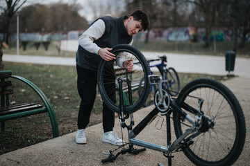 Obraz premium Casual teenager male focused on repairing his bike's wheel in the tranquility of a park.