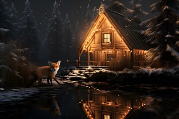 Winter landscape with a wooden house and a wild fox in the forest