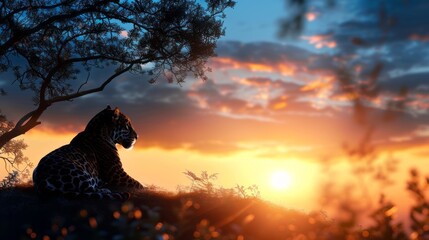 Relaxing jaguar overlooking a scenic sunset vista perched atop a verdant hill - obrazy, fototapety, plakaty