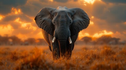  Majestically solitary elephant stands tall at sunset in the expansive African savanna landscape.
