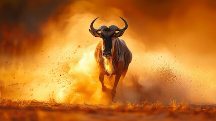 A lone blue wildebeest sprints through the dusty Kalahari Desert of South Africa, its powerful legs carrying it swiftly across the arid landscape. - obrazy, fototapety, plakaty