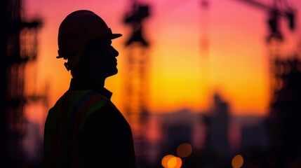 A towering silhouette of a construction worker in a hard hat illuminated against a vibrant sunset as they bravely work to build and strengthen our cities and communities. .