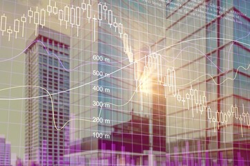 Multi exposure of financial diagram with buildings background