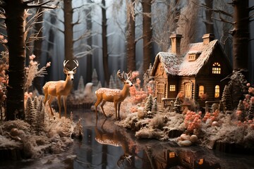 Winter wonderland in the forest. Small wooden house and two deers.