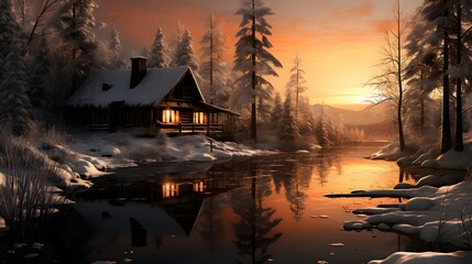 Panorama of a wooden house on the shore of a frozen lake at sunset