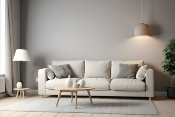 modern living room with sofa and lamp. scandinavian interior design furniture. 3d render illustration