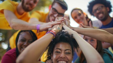 Defocused Two In the background outoffocus participants can be seen building a human pyramid with determined expressions and outstretched hands. The diversity of the team is showcased .