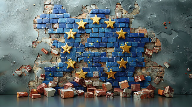 illustration of bricks puzzle of European Union, disarmed, all over the place, frexit