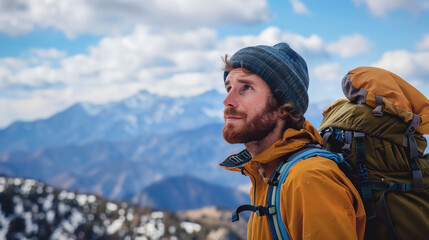 A lone hiker treks across a majestic mountain range, enjoy happy in outdoor travel adventure exploration.