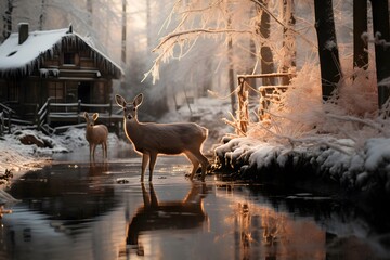 Deer in the winter forest. Beautiful winter landscape with deer.