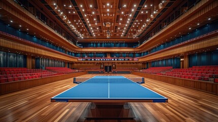  table tennis arena with High ceilings, wood floors, LED lights in the roof. Summer Olympic Games competition .