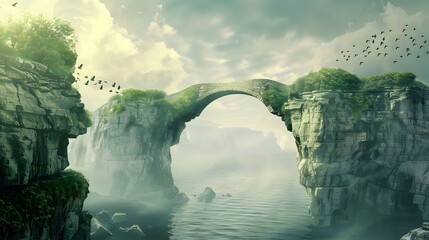 Surreal landscape with an ancient stone bridge arching over misty waters, birds in flight, and lush cliffs - Powered by Adobe