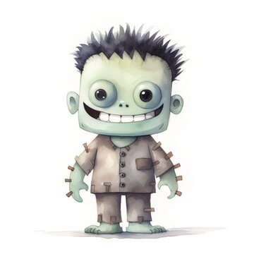 Cute cartoon zombie isolated on white background. Watercolor illustration.