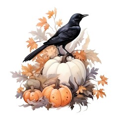 Hand drawn watercolor illustration of a crow sitting on a pumpkin.