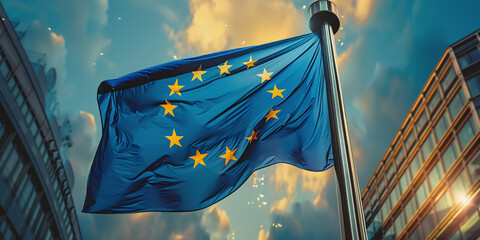 low angle view of European Union flag, Europe Day celebration, journalist style - obrazy, fototapety, plakaty