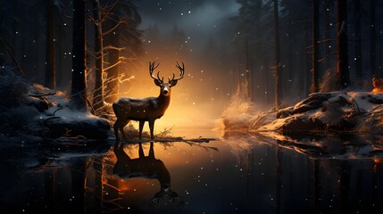 Deer in winter forest. 3D render. Nature background.