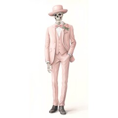 Halloween skeleton in a pink suit and hat. 3d rendering