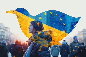 artistic view of woman celebrating Europe Day, May 8th, blue and yellow colors, bird or dove outline shape, journalist illustration