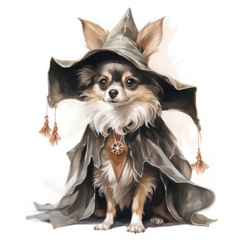 Cute chihuahua in a witch costume. Watercolor illustration