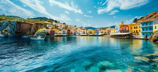 Fototapeta na wymiar A Wide-Angle Shot of a Colorful Greek Island Coastline With Vibrant Houses Reflecting in the Calm Blue Sea, Under a Clear Sky
